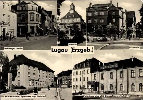 Ak Lugau in Sachsen, VVN Ehrenmal, Bahnhof, Sparkasse, Kulturhaus VEB Karl Liebknecht, Rathaus
