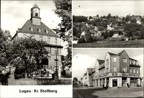 Ak Lugau im Erzgebirge, Rathaus, Teilansicht, Stollberger Straße mit HO Kaufstätte