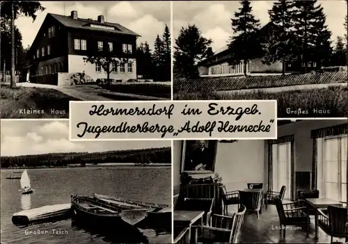 Ak Hormersdorf Zwönitz im Erzgebirge Sachsen, Jugendherberge Adolf Hennecke, Leseraum, Teich