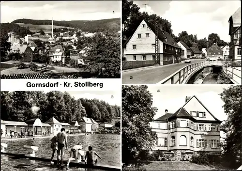 Ak Gornsdorf im Erzgebirge, Karl-Marx-Straße, Freibad, Betriebsferienheim Glückauf, Übersicht