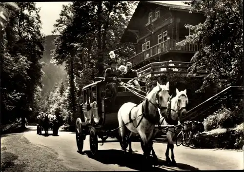 Ak Schwarzburg in Thüringen, HOG Schweizerhaus im Schwarzatal, Postkutsche