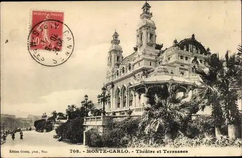 Ak Monte Carlo Monaco, vue sur le Theatre et Terrasses