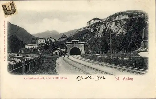Ak St. Anton am Arlberg Tirol Österreich, Tunnelmundloch und Lottdenkmal