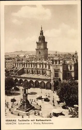 Ak Kraków Krakau Polen, Sukiennice, Tuchhaus mit Rathausturm, Denkmal