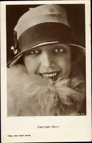 Ak Schauspielerin Carmen Boni, Portrait, Hut