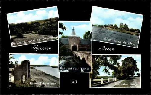 Ak Arcen Venlo Limburg Niederlande, Langs de Maas, Ruine Schanstoren, Hamertse Brug, Kasteel