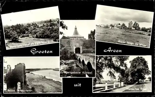 Ak Arcen Venlo Limburg Niederlande, Langs de Maas, Ruine Schanstoren, Hamertse Brug, Kasteel