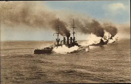 Ak Deutsche Kriegsschiffe, Feuernde Linienschiffe, Kaiserliche Marine
