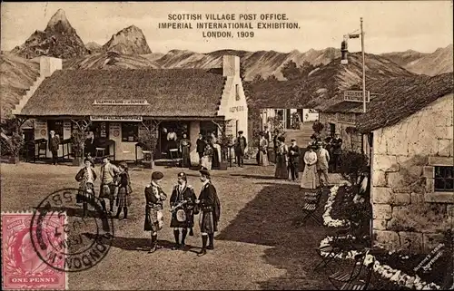 Ak London City England, Imperial International Exhibition 1909, Scottish Village Post Office
