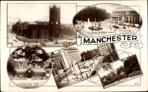 Ak Manchester England, The Cathedral, St. Peter's Square, Reference Library and Midland Hotel