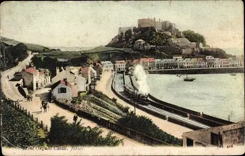 Ak Gorey Saint Martin Jersey Kanalinseln, Mont Orgueil Castle, steam train