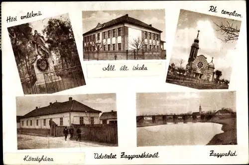 Ak Zagyvarékas Ungarn, Schule, Kirche, Denkmal