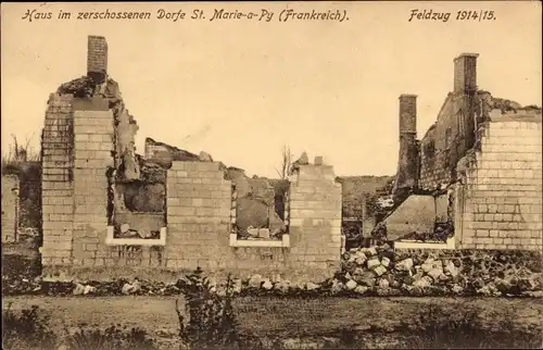 Ak Sainte Marie à Py Marne, Haus im zerschossenen Dorf, I. WK