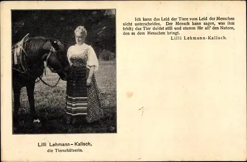 Ak Opernsängerin Lilli Lehmann Kalisch, Tierschützerin, Pferd