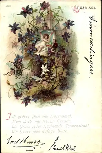 Litho Ich grüße Dich viel tausendmal, Engel, Blumen, Elfen