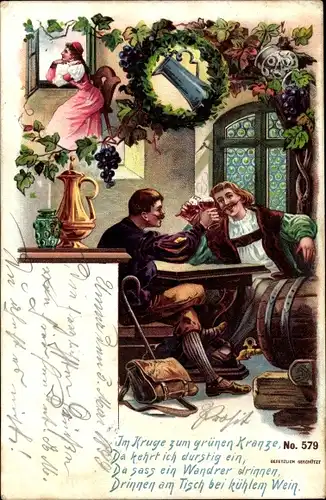 Litho Im Kruge zum grünen Kranze, Männer im Wirtshaus, Weinfass, Weintrauben