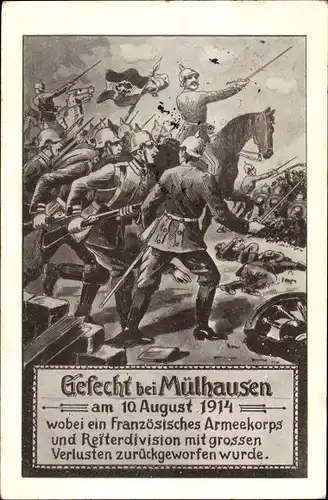 Künstler Ak Mulhouse Mülhausen Elsass Haut Rhin, Gefecht bei Mülhausen, 10.08.1914