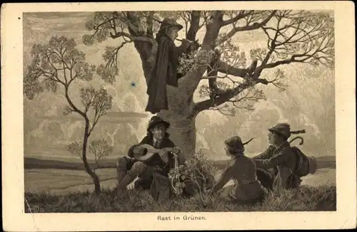 Künstler Ak Rast im Grünen, Wanderer, Musikinstrumente