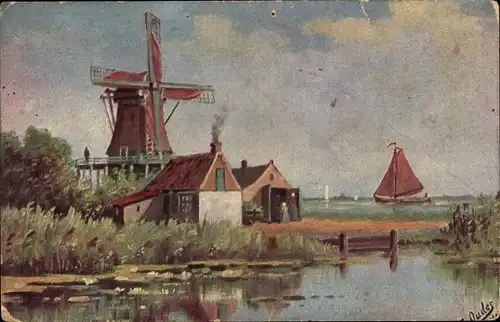 Künstler Ak Oudes, J., Landschaftsmotiv, Windmühle, Segelboot