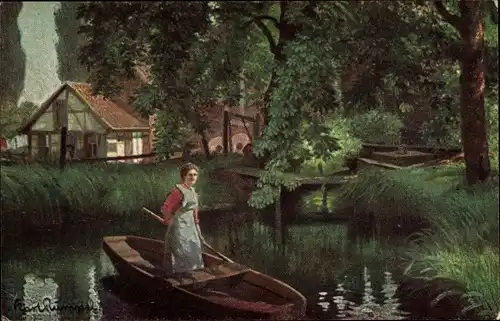 Künstler Ak Rumpel, Karl, An der Mühle, Frau im Kahn