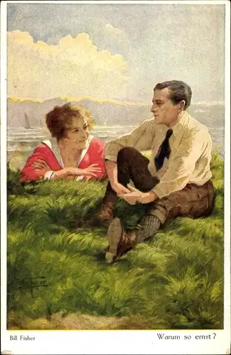 Künstler Ak Fisher, Bill, Warum so ernst, Liebespaar auf einer Wiese