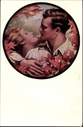 Künstler Ak Gilbert, Im Paradiese, Liebespaar umarmt sich, Herbstlaub