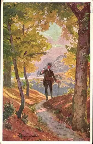 Künstler Ak Ich ging durch einen grasgrünen Wald, Aus dem Hessen Darmstädtischen, Wanderer
