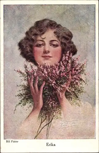 Künstler Ak Fisher, Bill, Erika, Frauenportrait, Heidekraut