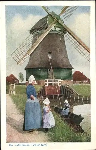 Ak Edam Volendam Nordholland Niederlande, De watermolen, Windmühle, Frau, Mädchen, Volkstrachten