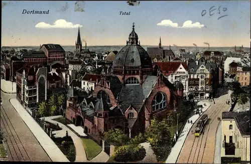Judaika Ak Dortmund im Ruhrgebiet, Panorama, Kirchturm, Synagoge, Straßenbahn
