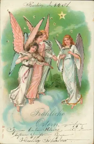 Glitzer Litho Glückwunsch Ostern, Singende Engel, Geige, Wolke