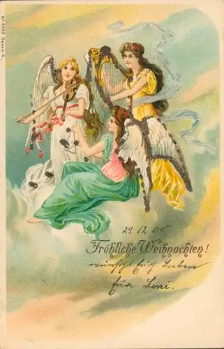 Glitzer Litho Glückwunsch Weihnachten, Engel mit Musikinstrumenten, Geige, Triangel, Harfe