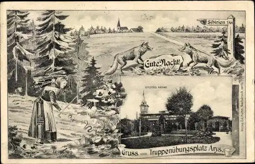 Ak Orzysz Arys Ostpreußen, Truppenübungsplatz, Offizierskasino, Frau trägt Holz, Füchse