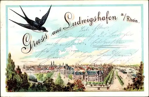 Litho Ludwigshafen am Rhein, Stadt aus der Vogelschau gesehen, Schwalbe