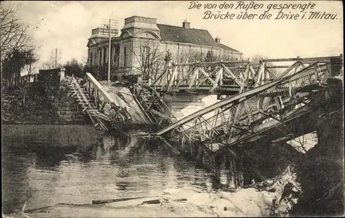 Ak Jelgava Mitau Lettland, Die von den Russen gesprengte Brücke über Drixe