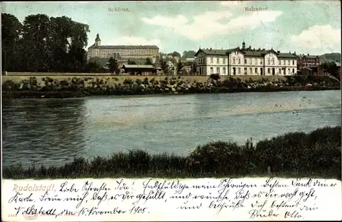 Ak Rudolstadt in Thüringen, Schloss, Bahnhof