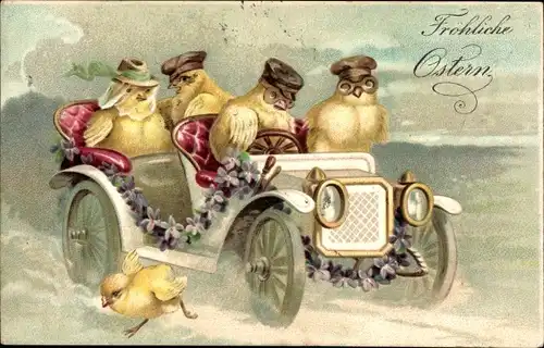 Präge Ak Glückwunsch Ostern, Küken fahren Auto, Veilchen