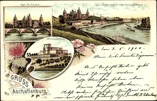 Litho Aschaffenburg in Unterfranken, Königliches Schloss, Pompejanum