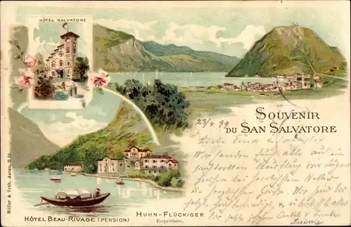 Litho Lugano Kanton Tessin, Monte San Salvatore, Hotel Salvatore, Hotel Beau Rivage