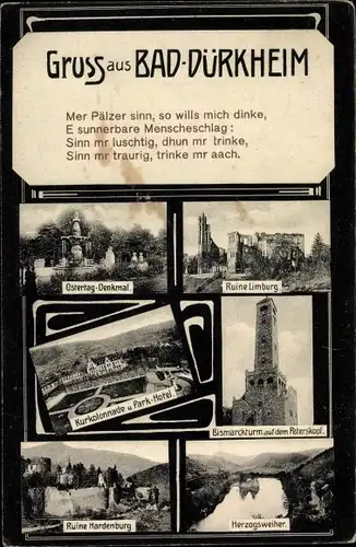 Ak Bad Dürkheim in der Pfalz, Ostertag-Denkmal, Ruine Limburg, Kurkollonade, Ruine Hardenburg