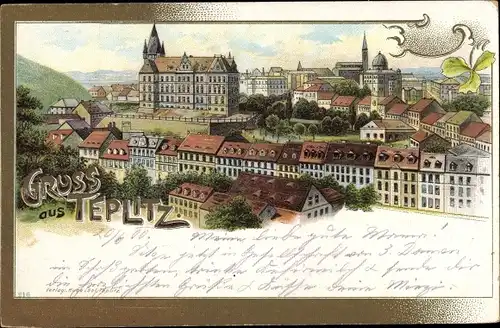 Judaika Litho Teplice Šanov Teplitz Schönau Region Aussig, Panorama mit Synagoge