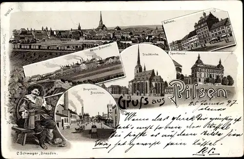 Litho Plzeň Pilsen Stadt, Stadtkirche, Sparkasse, Brauhaus, Rathaus, Brauerei