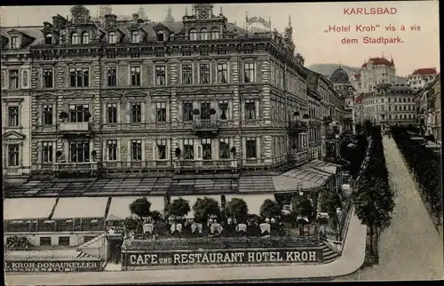 Ak Karlovy Vary Karlsbad Stadt, Hotel Kroh vis a vis dem Stadtpark