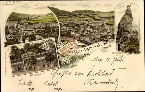 Litho Karlovy Vary Karlsbad Stadt, Felsenquelle, Hirschensprung, Gesamtansicht