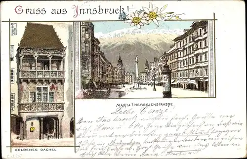 Litho Innsbruck in Tirol, Maria Theresienstraße, Goldenes Dachl