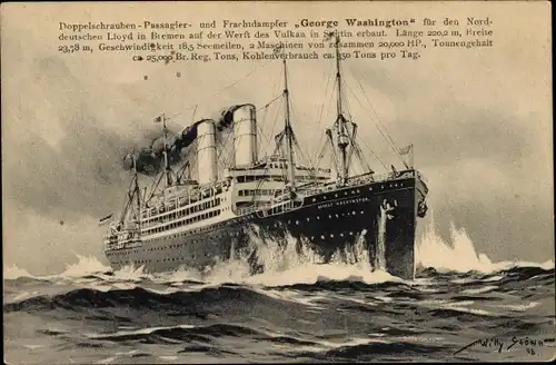 Künstler Ak Stöwer, W., Doppelschrauben-Passagier- und Frachtdampfer George Washington, NDL