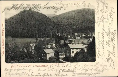 Ak Bad Thal Ruhla in Thüringen, Ortsansicht mit Scharfenburg