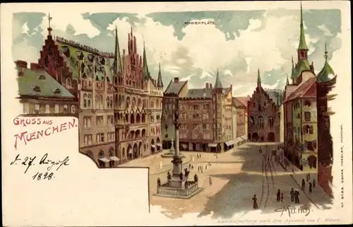 Künstler Litho Münch, München, Marienplatz, Rathaus