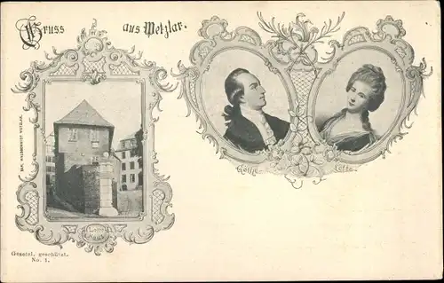 Ak Wetzlar in Hessen, Lottehaus, Schriftsteller Johann Wolfgang von Goethe, Lotte, Portrait