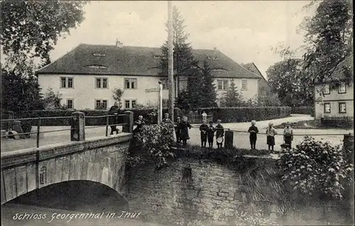 Ak Georgenthal in Thüringen, Partie an der Brücke, Kinder, Schloss